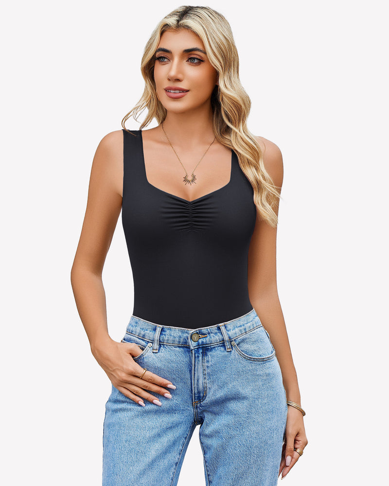 Black Sweetheart Neck Ruched Bodysuit, tank top, paired with blue jeans, perfect for casual wear.