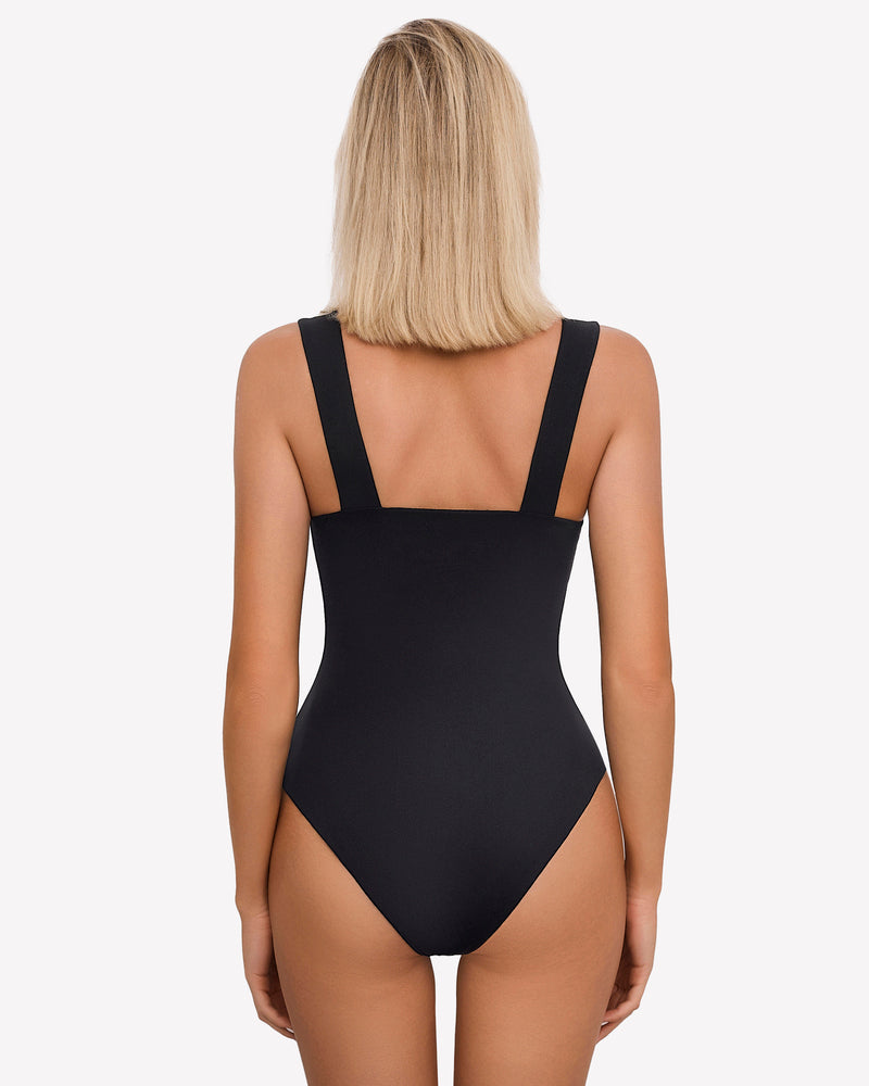 Black sweetheart neck bodysuit with square neckline and thick straps, perfect for casual wear.