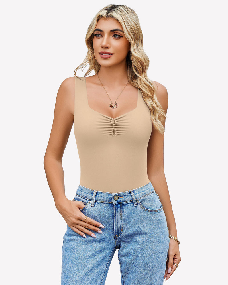 Beige sweetheart neck ruched bodysuit tank top with blue jeans. Casual wear.