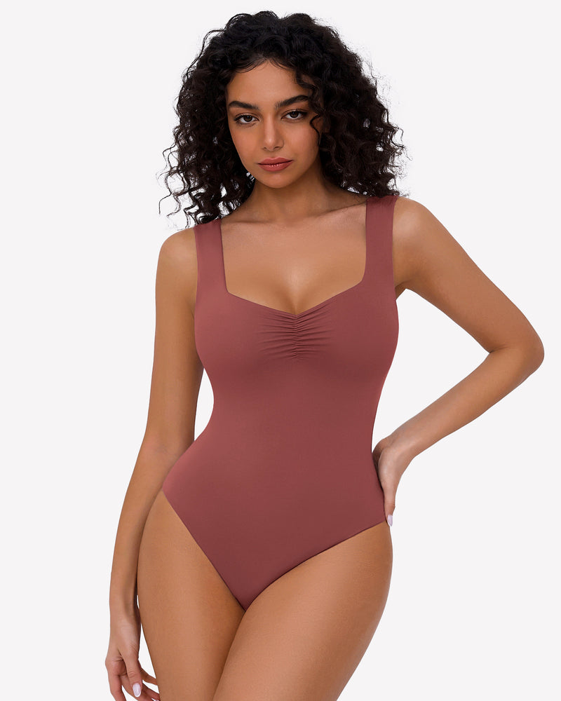 Mauve sweetheart neck ruched bodysuit, tank top style. Perfect for casual wear.