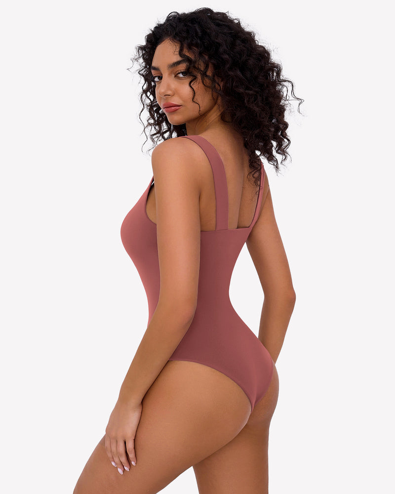 Mauve sweetheart neck ruched bodysuit, tank top style, casual wear, back view.