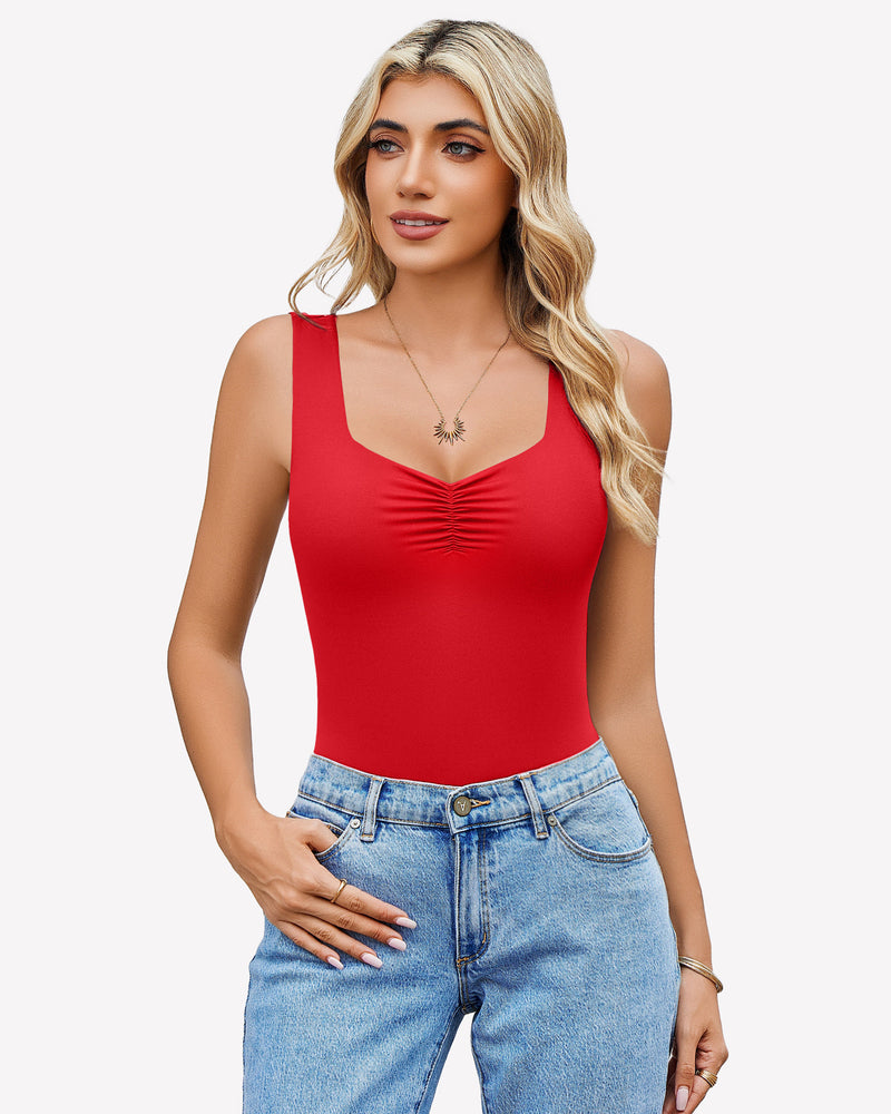 Red sweetheart neck ruched bodysuit tank top with blue jeans. Casual wear.