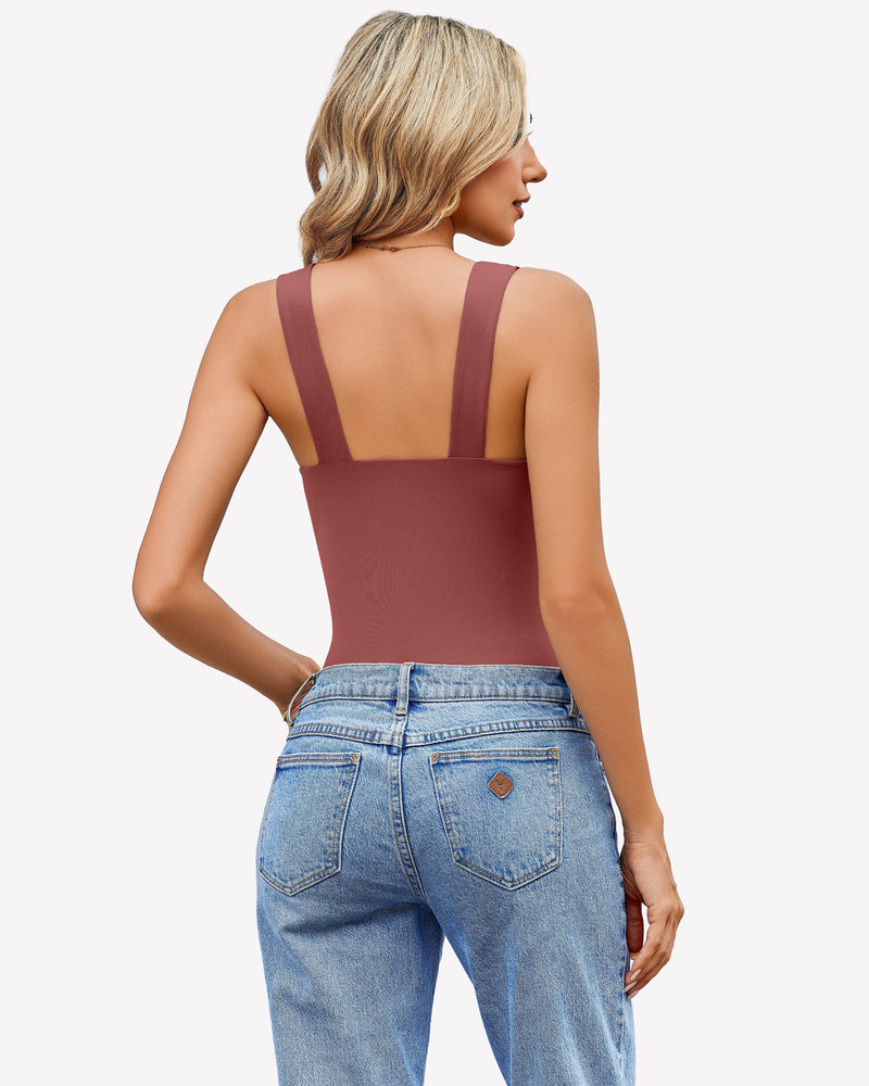 Mauve sweetheart neck ruched bodysuit tank top with blue jeans. Casual wear, back view.