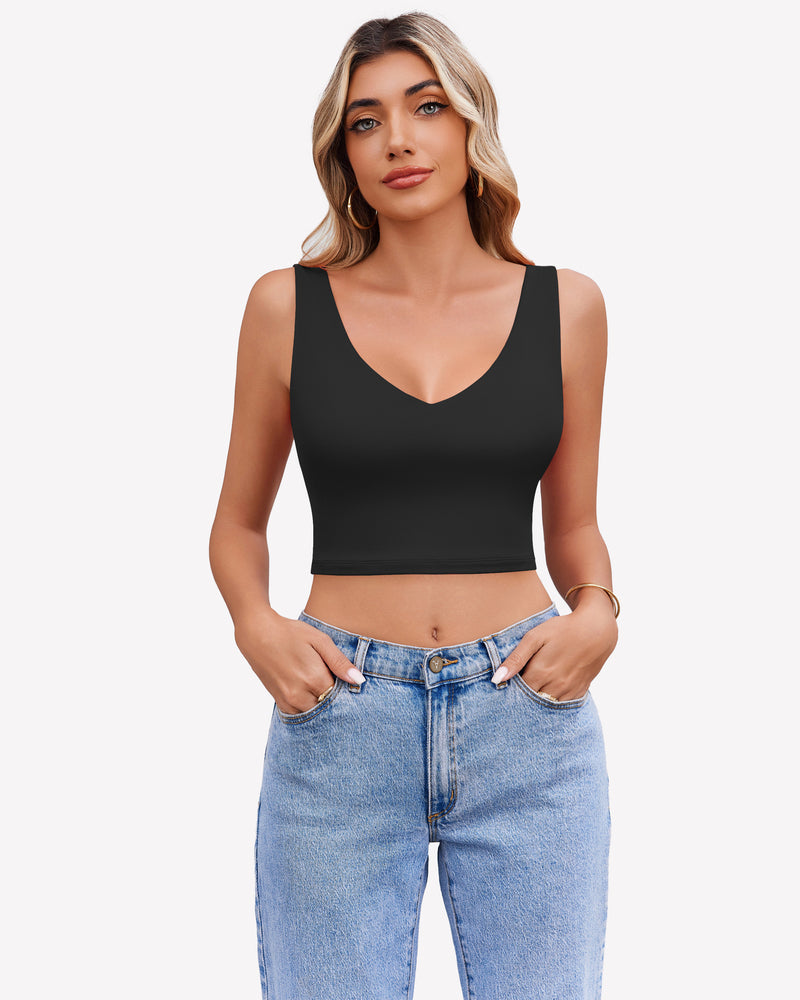 Black crop plunge tank top camisole, featuring a V-neckline and wide straps, perfect for layering.