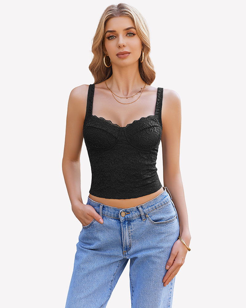 Black Lace Sleeveless Sweetheart Neck Crop Top, perfect for party, date night, or summer festival.