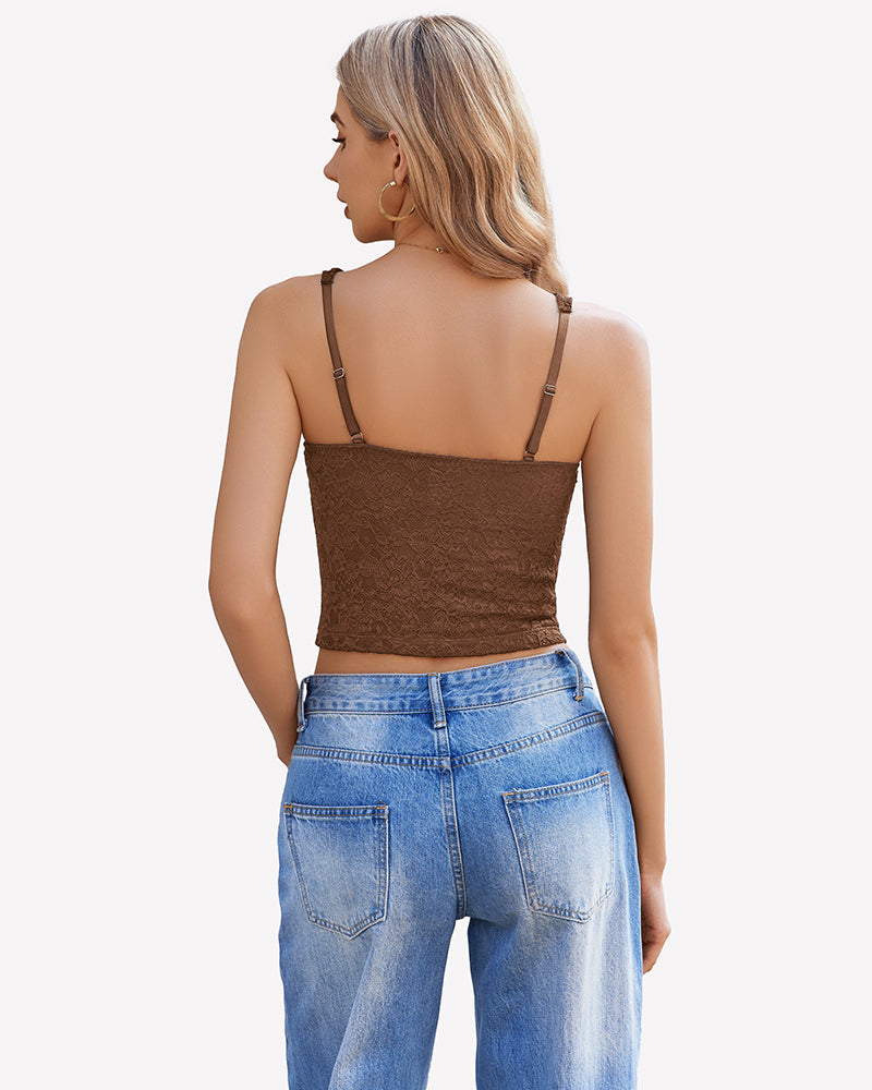 Brown lace crop top with adjustable straps, perfect for party, date night, or summer festival.