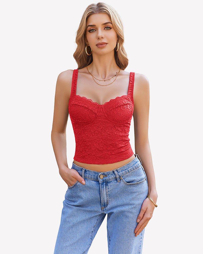 Red lace sweetheart neck crop top with adjustable straps, ideal for party or date night.
