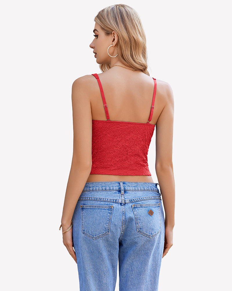 Red lace sweetheart neck crop top with adjustable straps, perfect for party or date night.