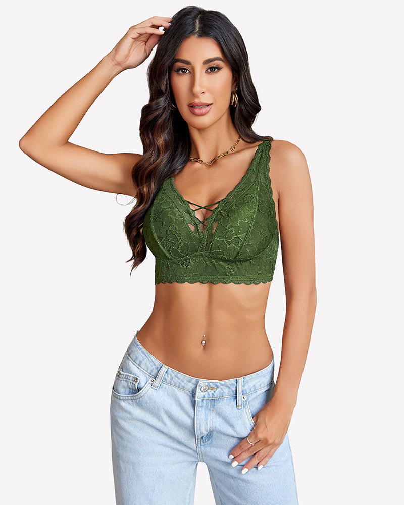 Green lace bralette with V-neck and criss-cross design, perfect for date nights or everyday wear.