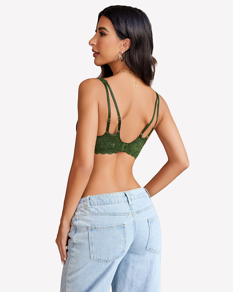 Avidlove green lace bralette with V-neck and criss-cross design, comfortable and stylish.