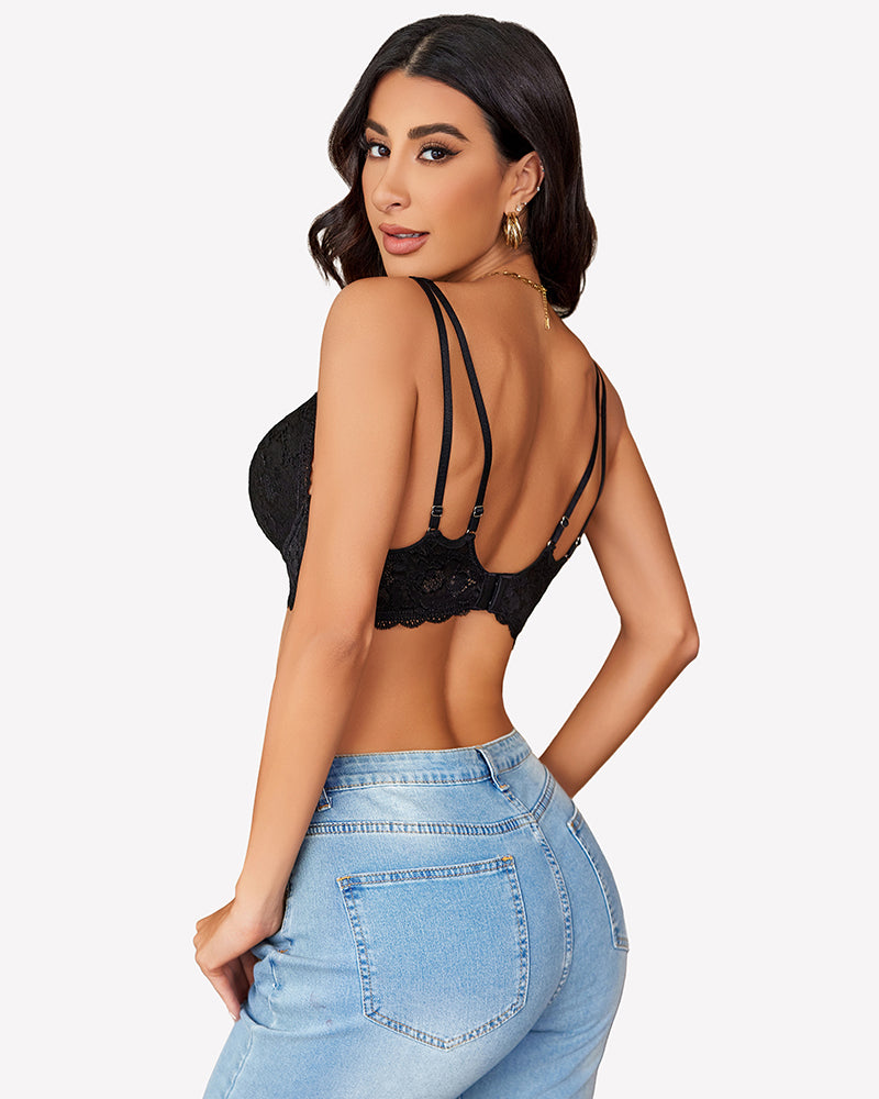 Black lace bralette with V-neck and adjustable straps, perfect for date nights or everyday wear.