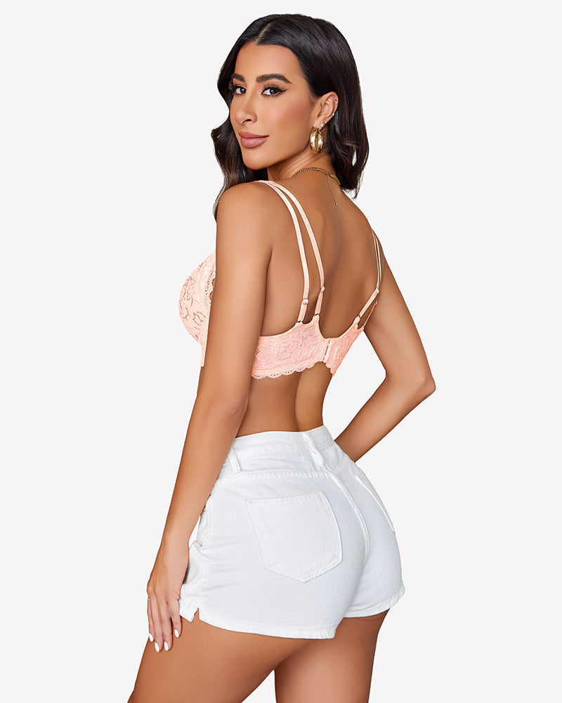Avidlove peach lace bralette with V-neck and criss-cross design, comfortable and stylish.