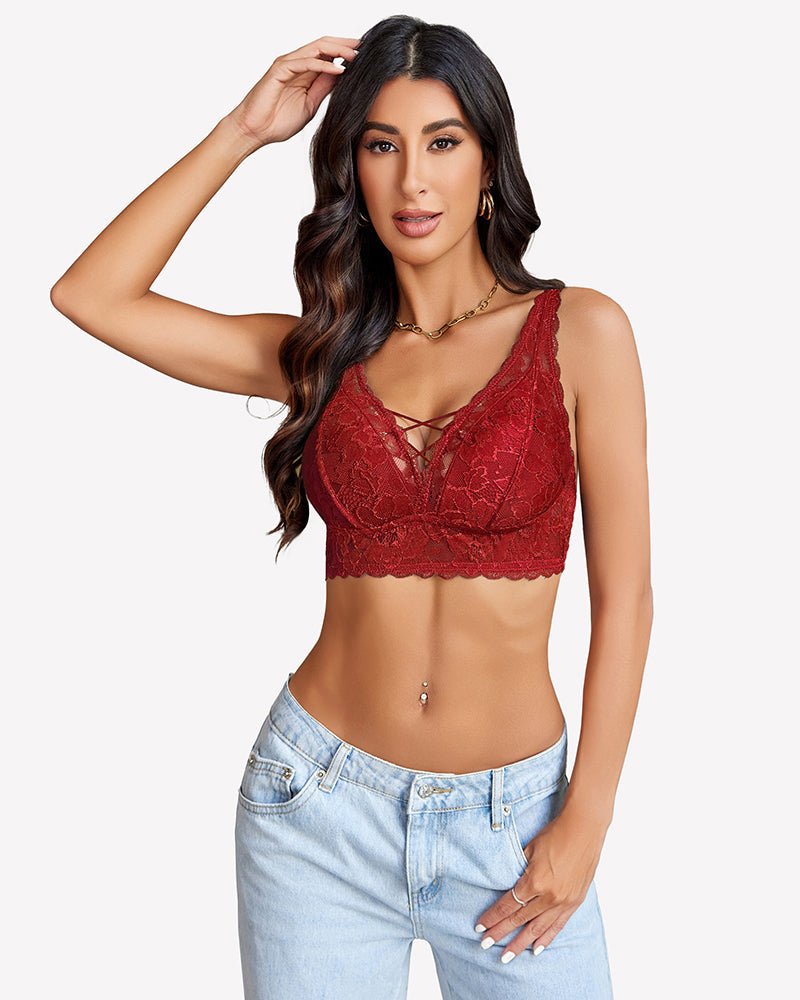 Burgundy lace bralette with V-neck and criss-cross design, perfect for date nights or everyday wear.