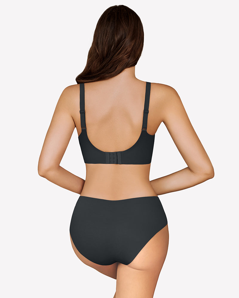 Black seamless bra and underwear set with adjustable straps for support and comfort.