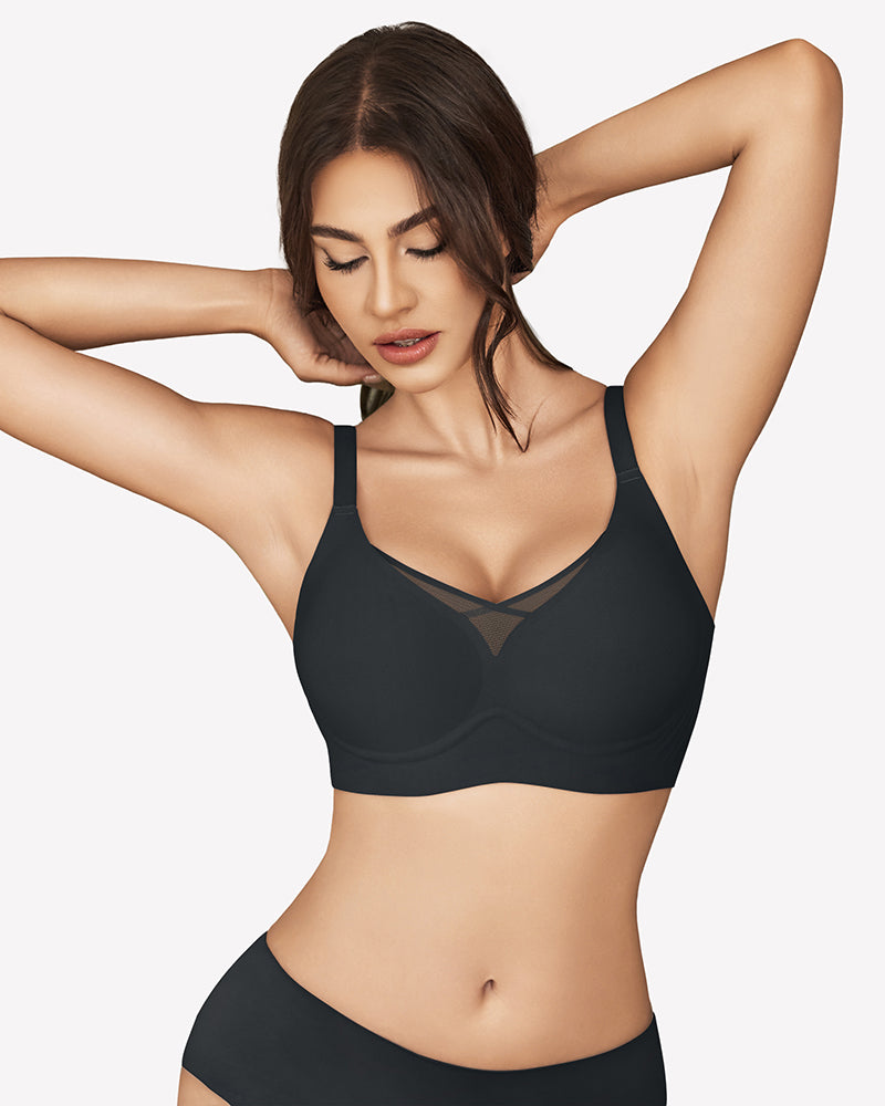 Black mesh bralette with crossover design and adjustable straps, perfect for everyday wear