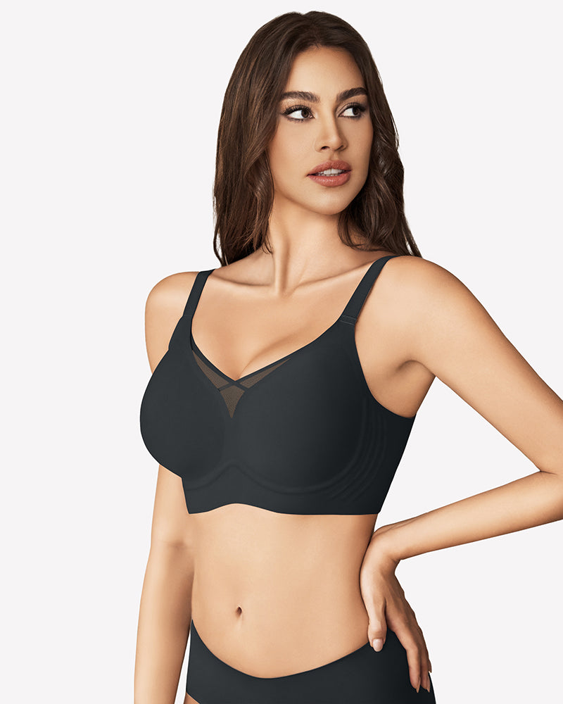 Black mesh bralette seamless push up bra with crossover design and adjustable straps for support.