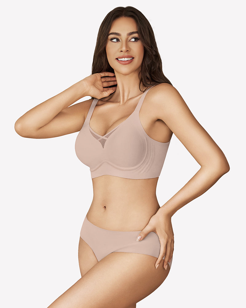 Nude seamless bralette with mesh crossover design and matching underwear set