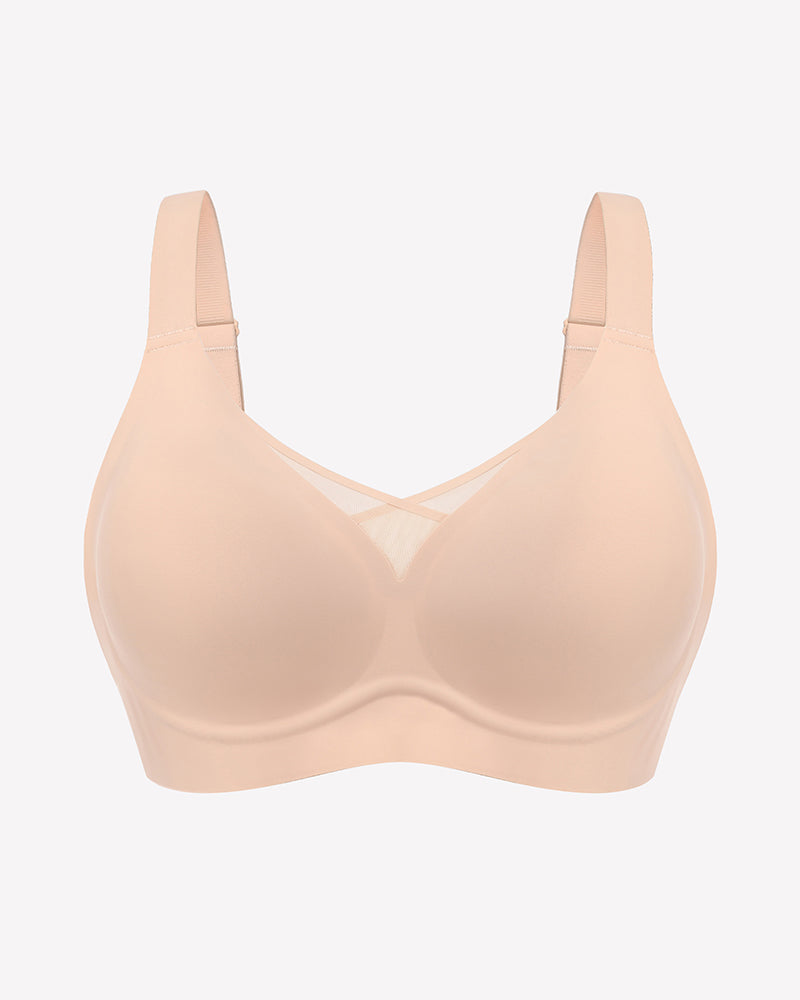 Nude seamless mesh bralette with crossover design and adjustable straps