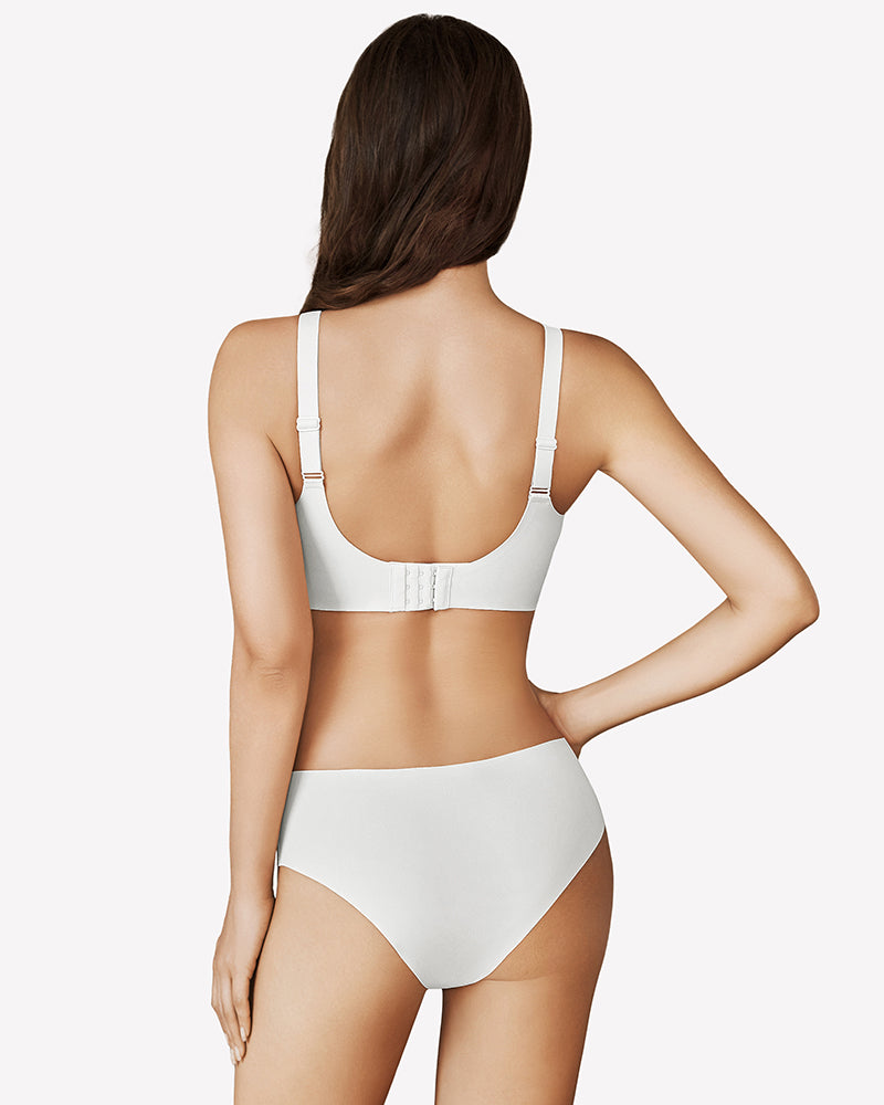 White seamless bra and underwear set with adjustable straps for support and comfort