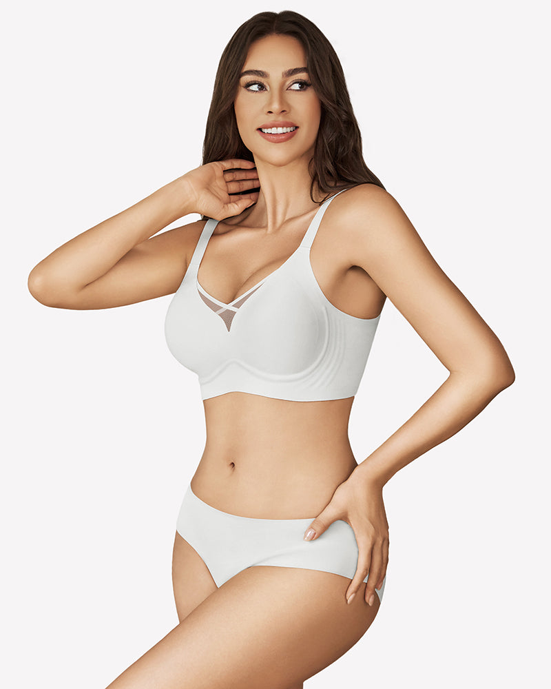 White seamless bralette with mesh crossover design and matching underwear set