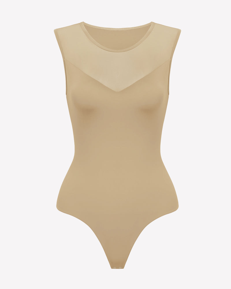 Beige mesh crew neck sleeveless bodysuit with thong back, a stylish lingerie choice for women