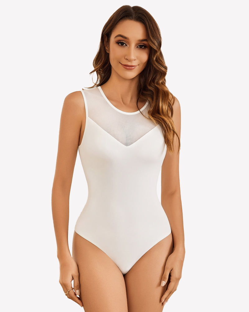 White mesh crew neck sleeveless bodysuit, a stylish lingerie choice for women.