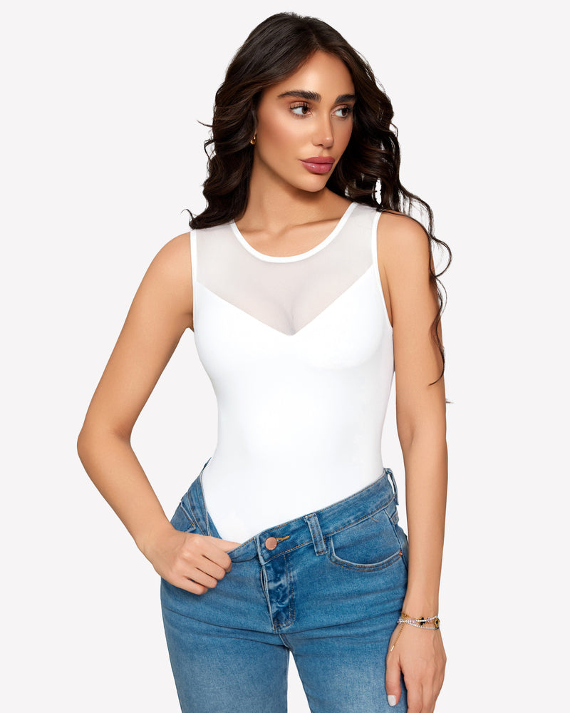 White mesh bodysuit with crew neck, styled with jeans, a stylish lingerie choice for women