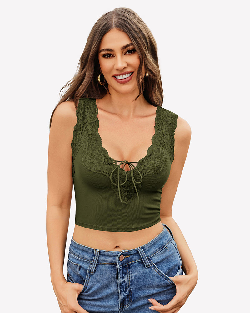 Olive green V-neck crop top with lace trim and tie-up front. Sexy and charming.