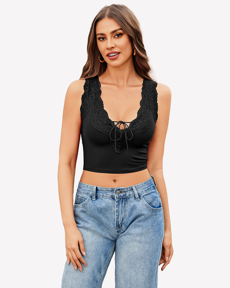 Black V-neck crop top with lace trim and tie-up front, paired with jeans. Sexy and charming style.