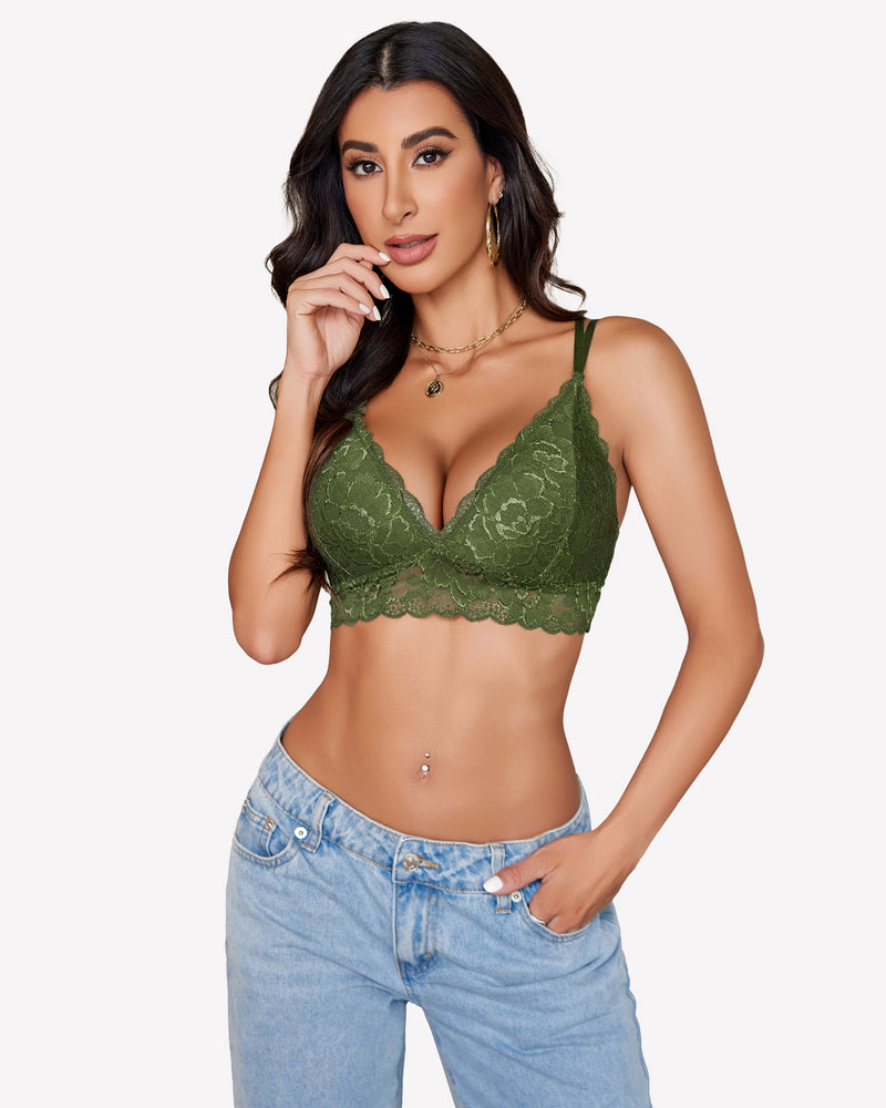Floral lace bralette in deep V, olive green, scalloped trim and thin straps