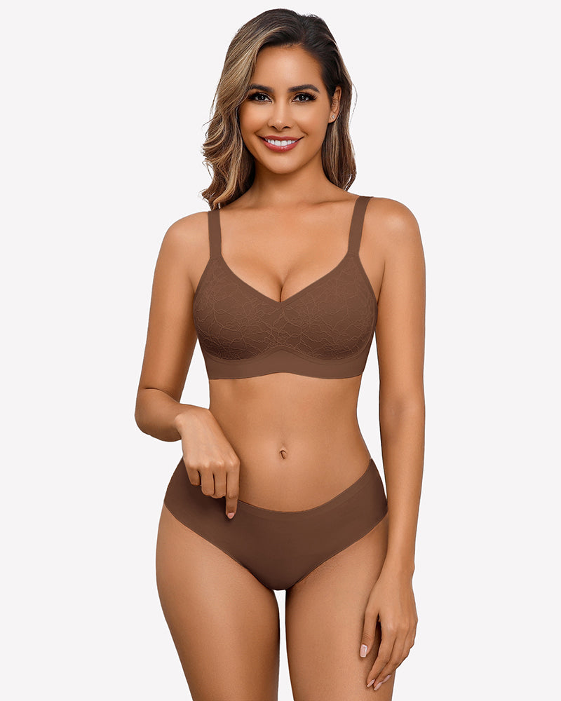 Brown lace full coverage wireless bra and seamless underwear set, offering comfort and support.