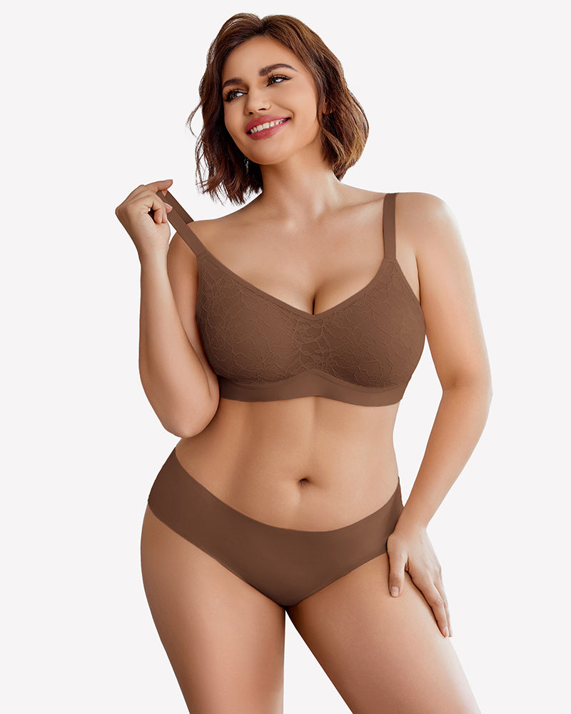 Brown lace full coverage wireless bra and seamless underwear set