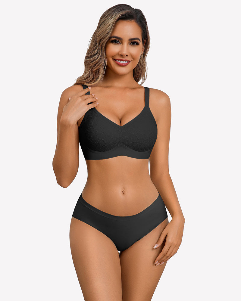 Black lace full coverage wireless bra and underwear set, offering comfort and support.