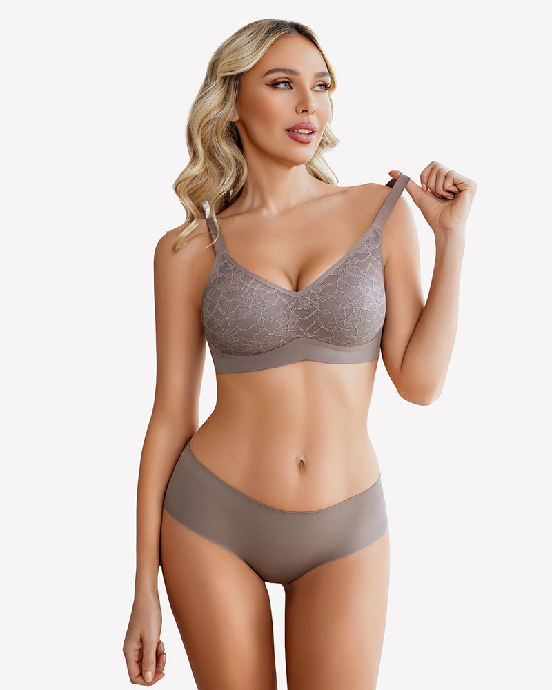 Taupe lace full coverage wireless bra and underwear set, offering comfort and support.