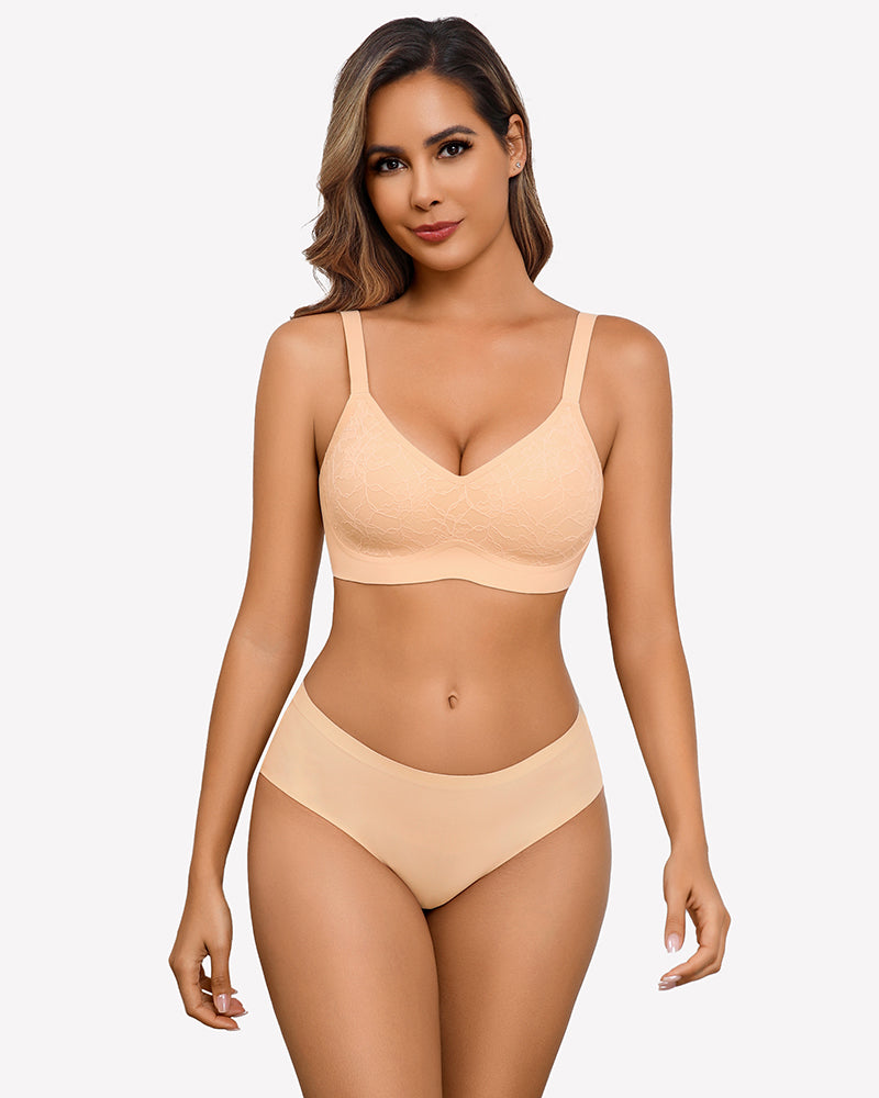 Beige lace V-neck wireless bra and seamless underwear set, offering comfort and support.