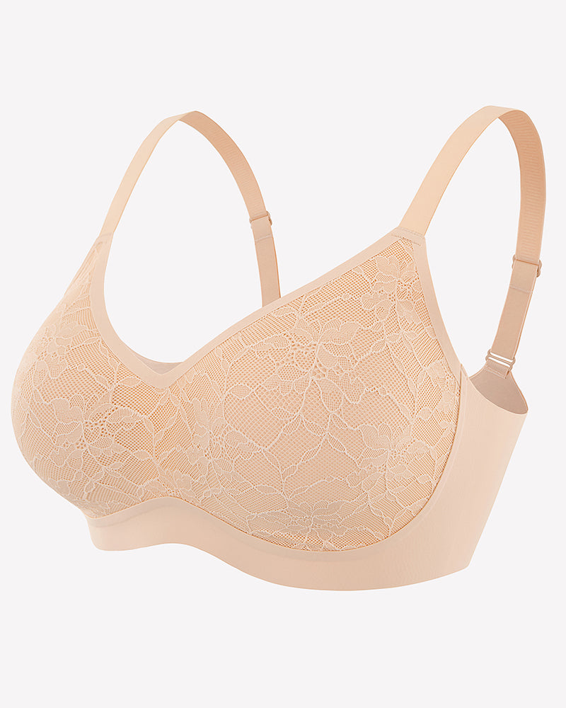 Beige lace full coverage wireless bra with adjustable straps, offering comfort and support.