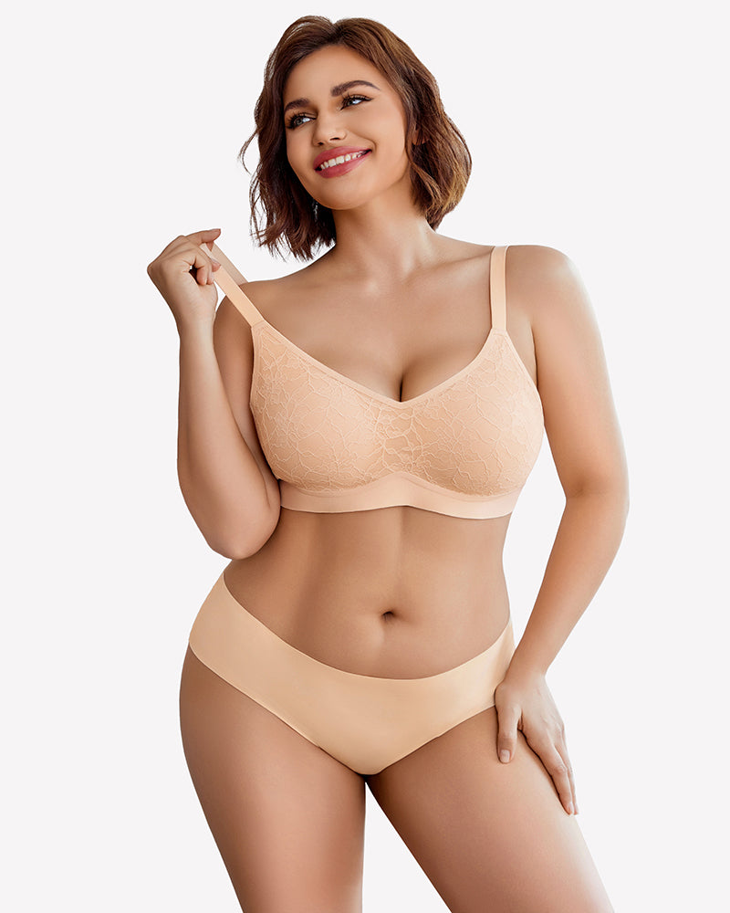 Elegant beige lace wireless bra and underwear set, offering comfort and support for everyday wear.