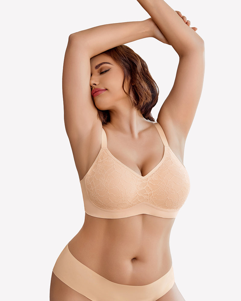 Beige lace full coverage wireless bra with lace detail, offering comfort and support.