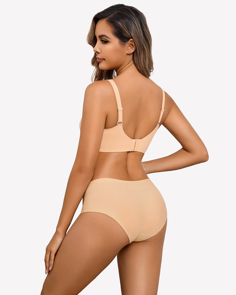 Beige wireless full coverage bra and seamless underwear set, offering comfort and support.
