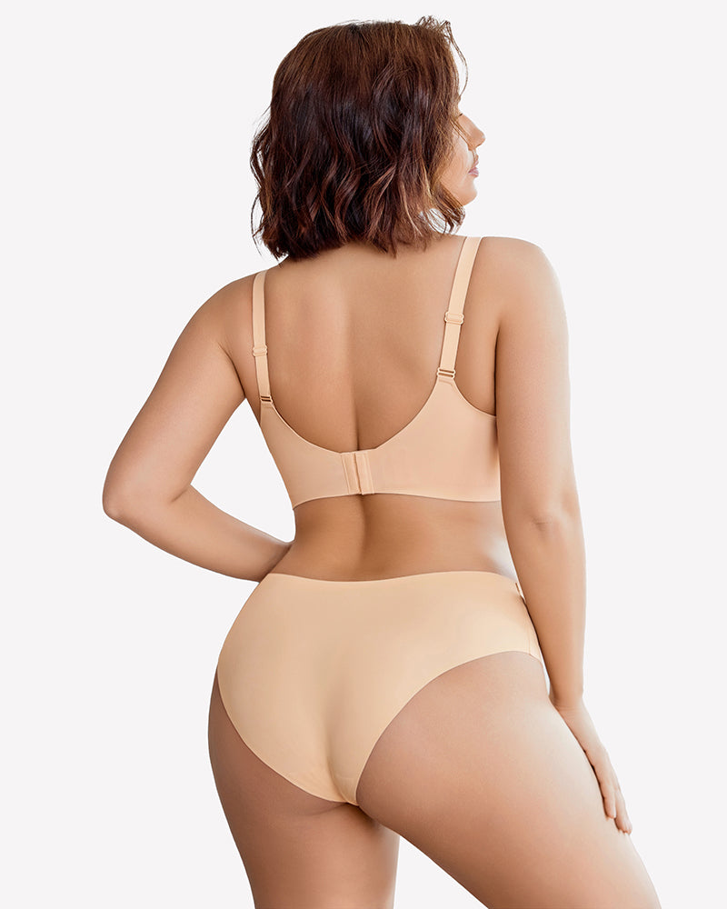 Beige seamless bra and underwear set, offering comfort and support, perfect for everyday wear.