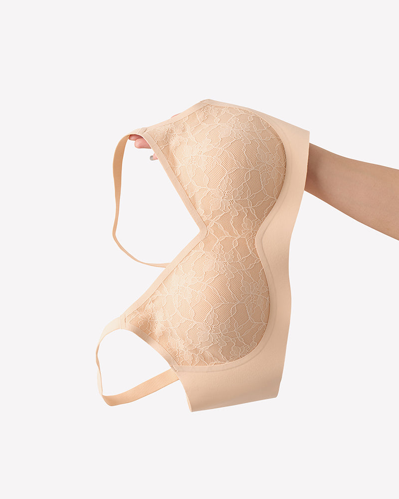 Beige lace wireless full coverage bra, offering comfort and support for everyday wear.