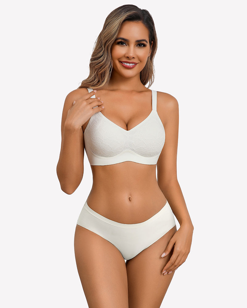 Beige lace full coverage wireless bra and seamless underwear set, offering comfort and support.