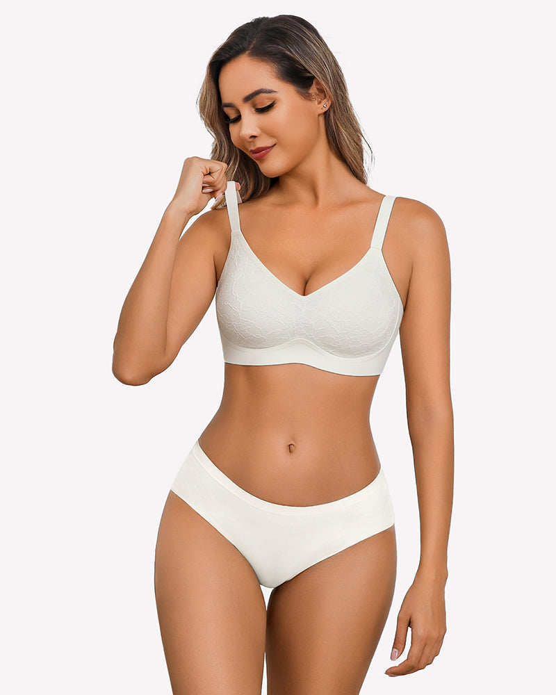 Beige lace full coverage wireless bra with adjustable straps and seamless design for comfort.