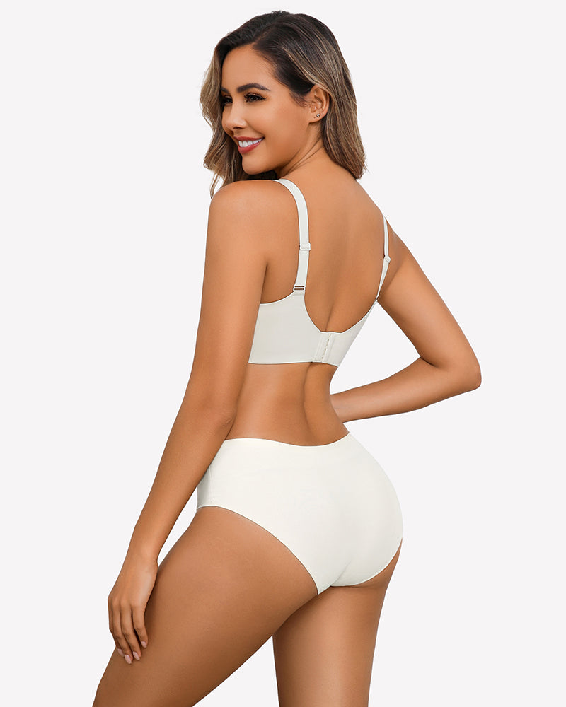 Beige full coverage wireless bra and seamless underwear set, comfortable and supportive.