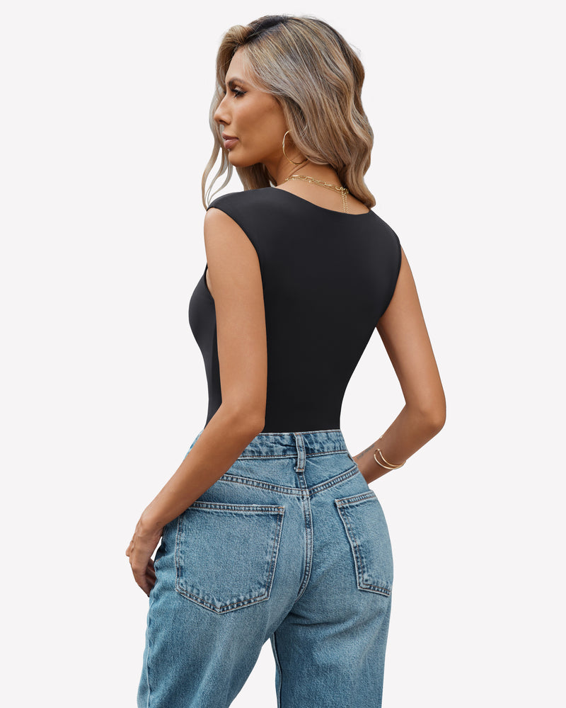 Black seamless tank top bodysuit with sweetheart neckline. Trendy and sexy for various occasions.