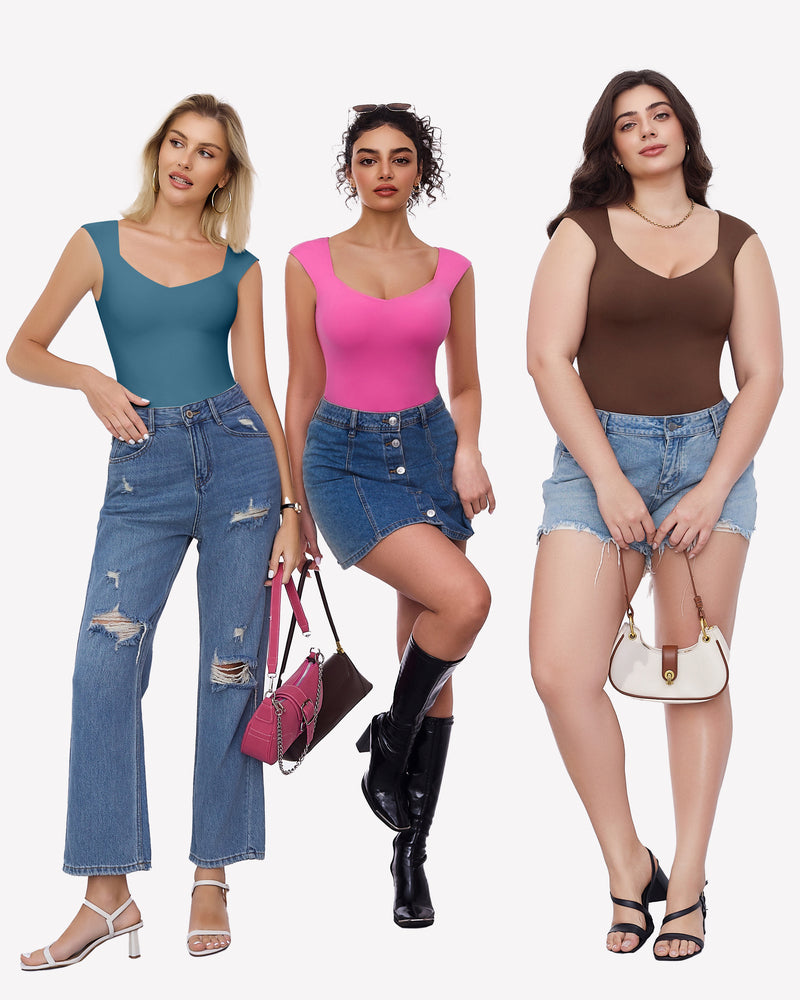 Seamless tank top thong bodysuit with sweetheart neckline. Teal, pink, brown. Sexy and trendy.