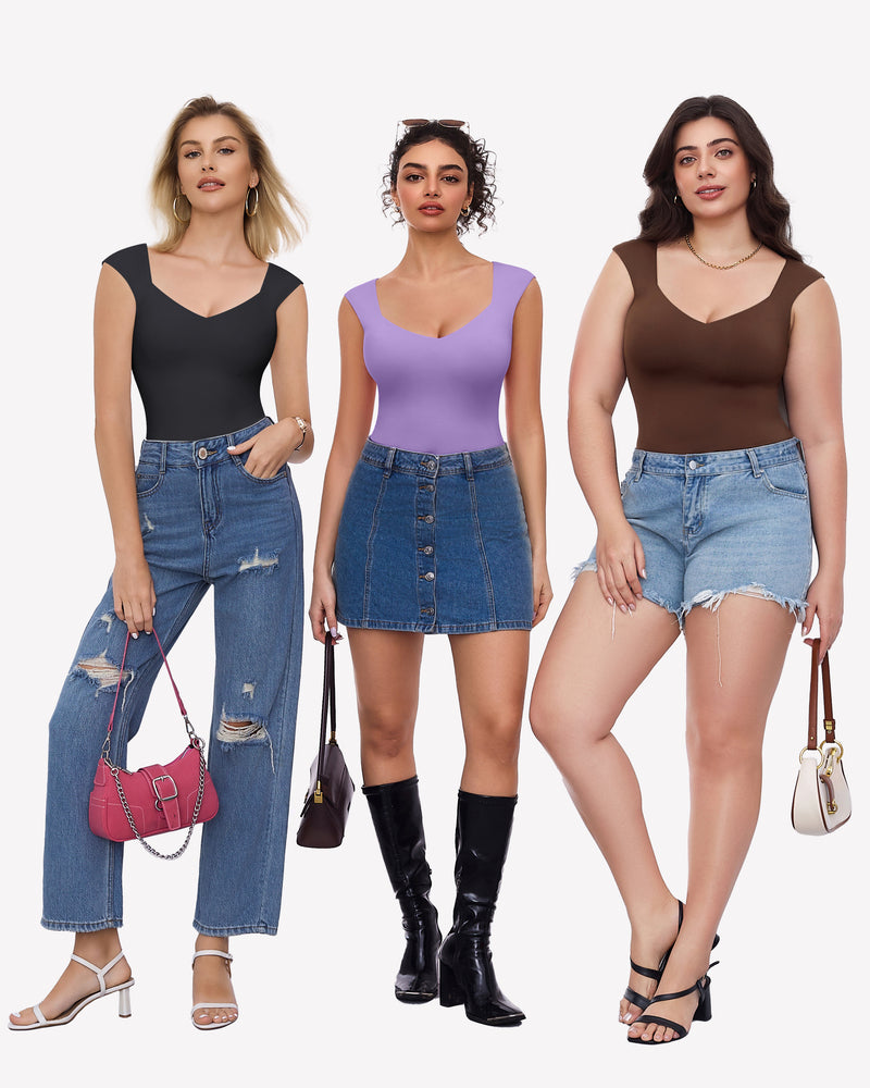 Seamless tank top thong bodysuit with sweetheart neckline. Black, lavender, brown. Sexy and trendy.