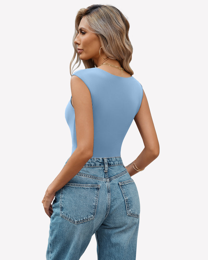 Light blue seamless tank top bodysuit with sweetheart neckline and jeans. Sexy and trendy.