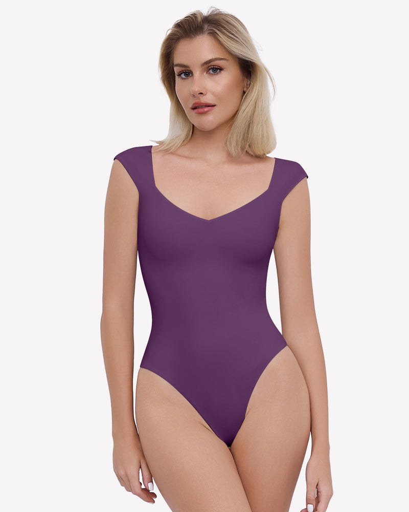 Purple seamless bodysuit with cap sleeves and sweetheart neckline. Sexy and trendy.