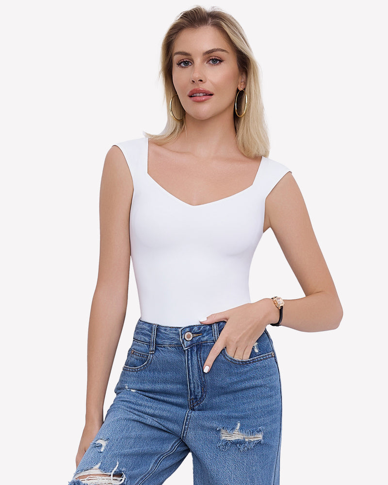 White seamless tank top bodysuit with sweetheart neckline and jeans. Trendy and sexy.